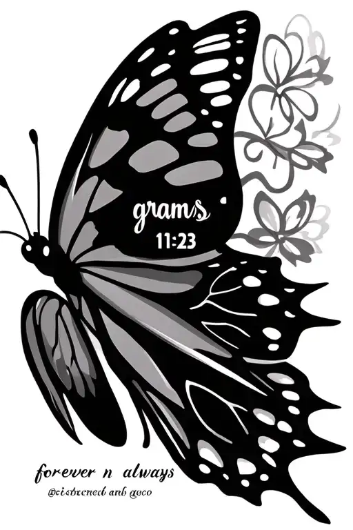 a butterfly with the word grams and 11 3 23 inside with a infinity sign saying forever n always tattoo design idea