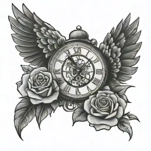 hawk and clock and rose tattoo design idea