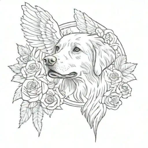 dog memorial tattoo, nova scotia duck tolling retriever with angel wings, and roses tattoo design idea