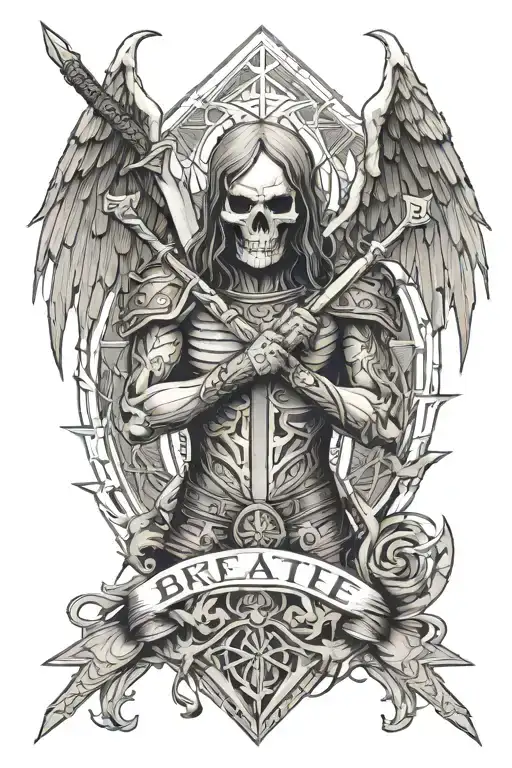 line tatoo with death angel holding a sword and the word breathe tattoo design idea