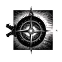 compass, mountains, water, sun, evil eye tattoo design idea