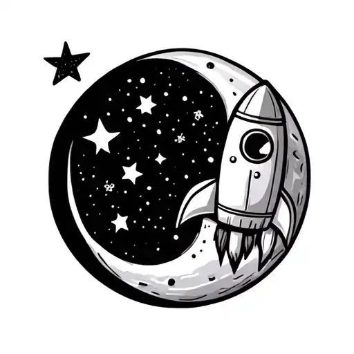 moon with a few starts all around and a cute rocket tattoo design idea