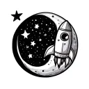 moon with a few starts all around and a cute rocket tattoo design idea