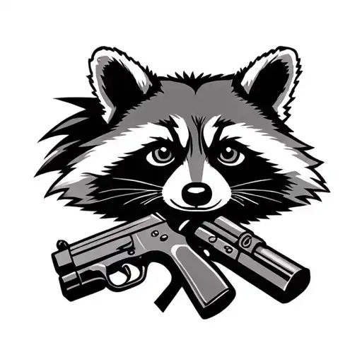 Racoon face with and X on it with a gun tattoo design idea