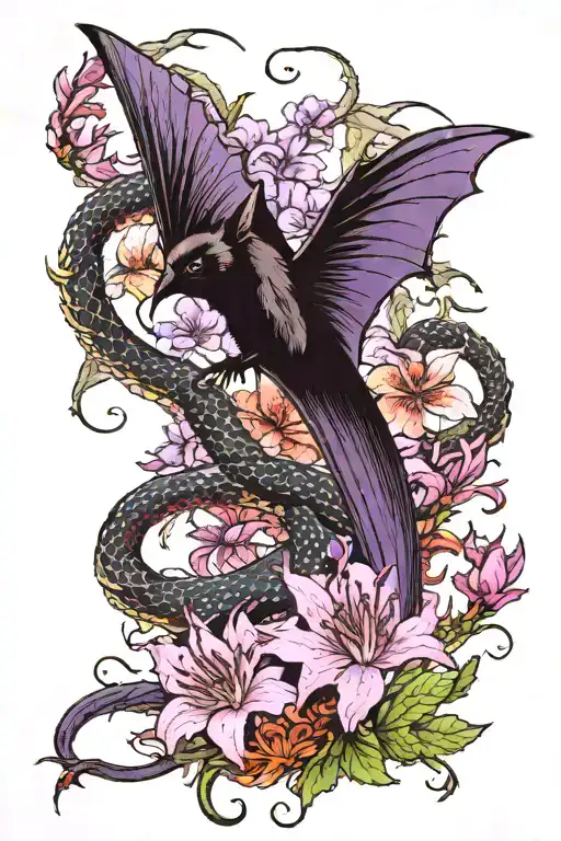 A bat, next to a purple lycoris flower, next to a snake tattoo design idea
