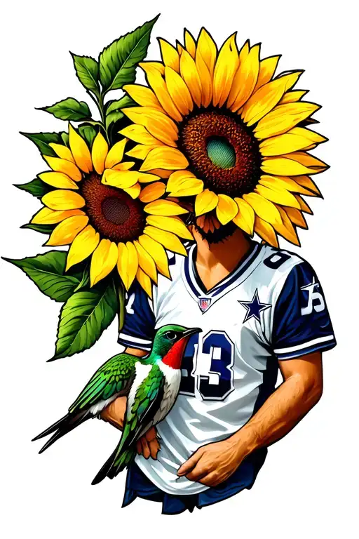 a sunflower wearing a Dallas cowboys jersey next to a red throated hummingbird tattoo design idea