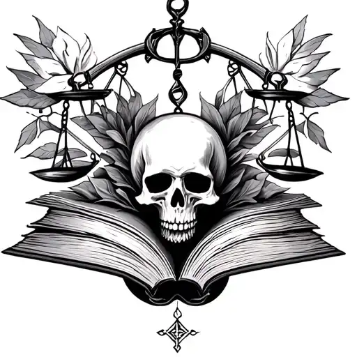 books, skulls and Libra symbol intertwined tattoo design idea