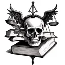 books, skulls and Libra symbol intertwined tattoo design idea