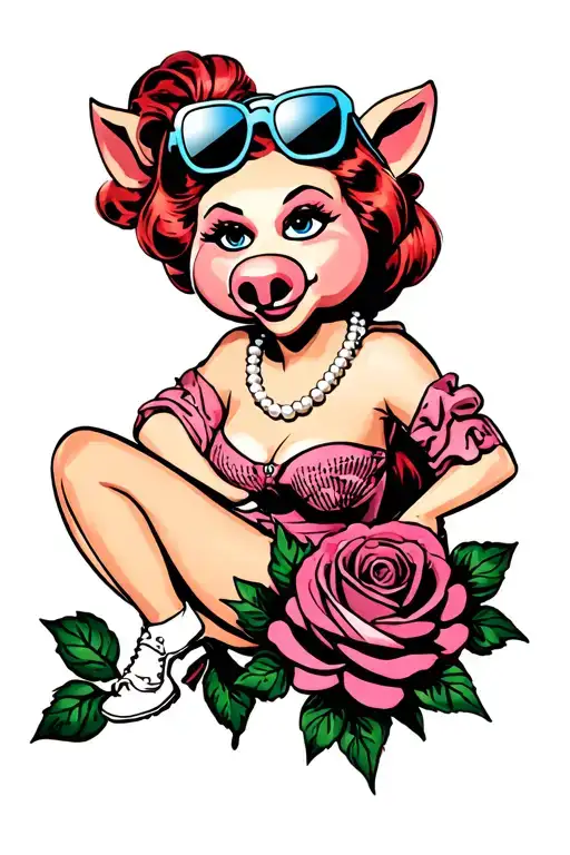 Cartoon Miss Piggy Rosie the Riveter pinup with sunglasses on her head, wearing a pearl necklace and sitting on a rose tattoo design idea