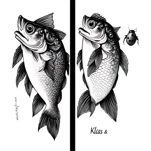 The names Klaas & Jeltje, Klaas with Pike fish and Jeltje with a ladybug  tattoo design idea