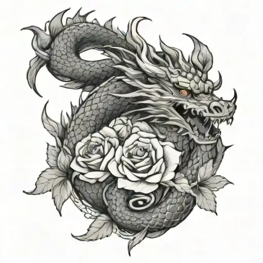 Japanese dragon surrounded by roses tattoo design idea