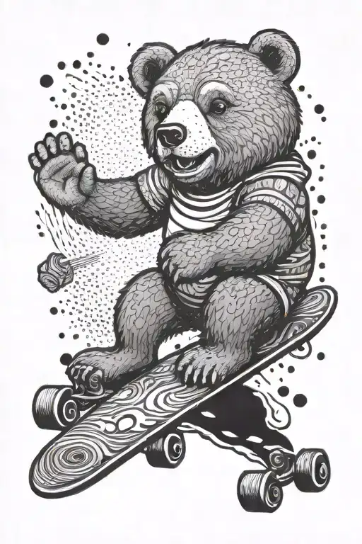 A cartoon bear riding a longboard downhill with it's arms out tattoo design idea