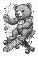 A cartoon bear riding a longboard downhill with it's arms out tattoo design idea