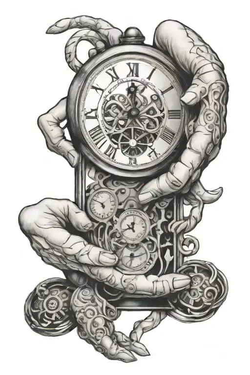 a time piece being cupped by two hands, displaying the time 6:15pm with a third hand trying to take the time piece tattoo design idea