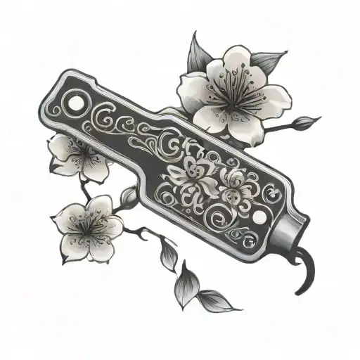 A barber's razor blade with Japanese cherry blossoms tattoo design idea
