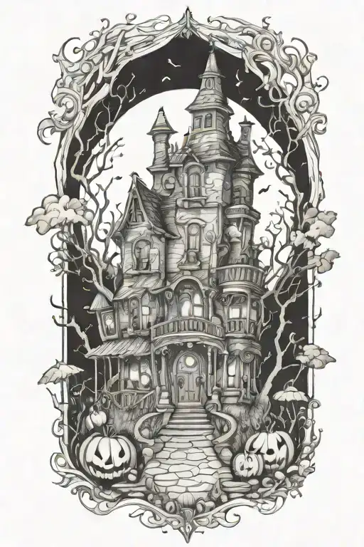 tim burton enchanted halloween house scene tattoo design idea