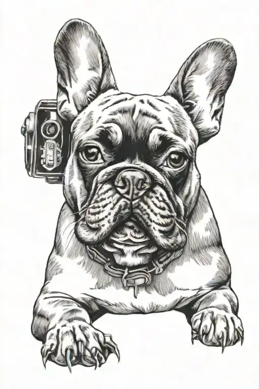 A dotwork tattoo of a French bulldog sketching a portrait of your sister in military police uniform, blending your love for art and honoring her memory tattoo design idea