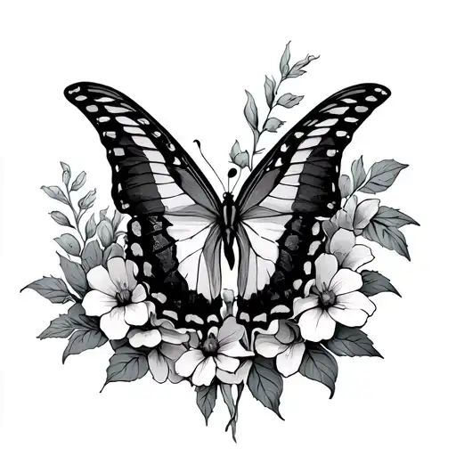 Swallowtail Butterfly and flowers wrapped tattoo design idea