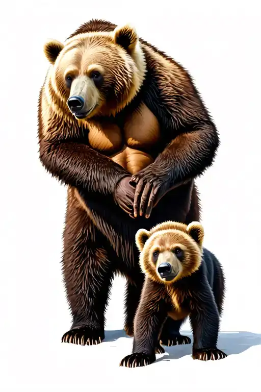 father bear with two cubs. one cub bigger than other. father bear is strong. cubs are playful. background forest  tattoo design idea