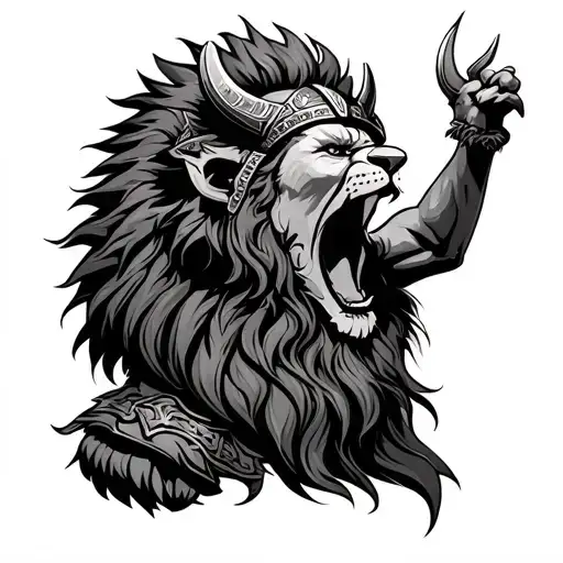 til valhalla with Viking warrior yelling with lion headress tattoo design idea