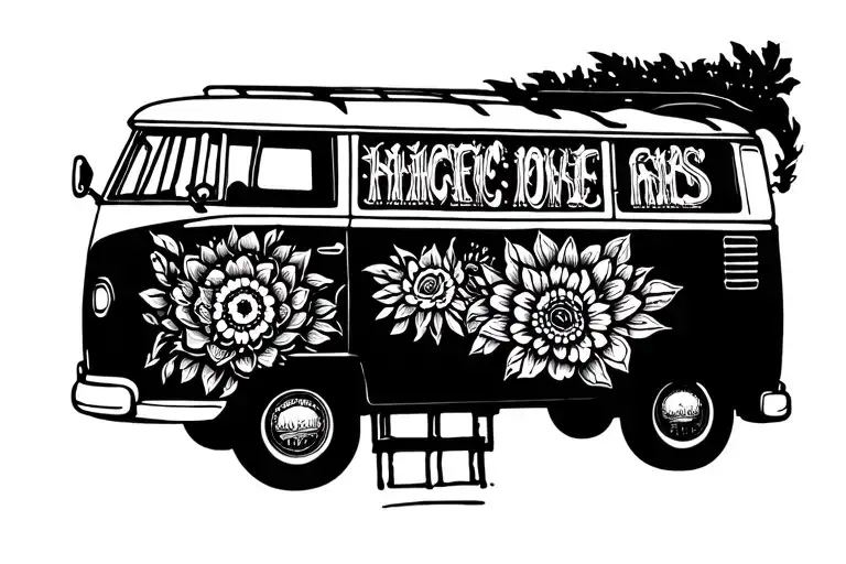 hippie van and text tattoo design idea