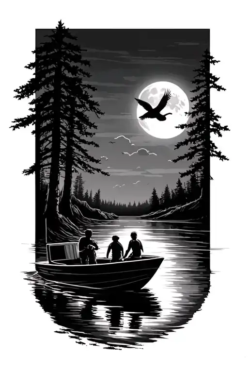 bass tracker boat fishing dad and 2 kids on boat with nature  moon trees on water at dusk with Heron flying off  tattoo design idea