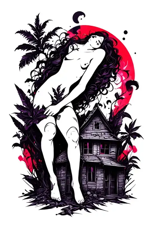Tattoo sketch, black and white with subtle accents of red and purple. A semi-reclining person, miniature ruined houses,  tattoo design idea