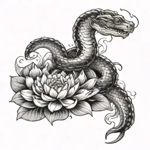 Sleeve of a snake among water lilies on top of the sun tattoo design idea