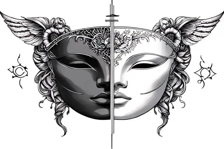 gemini zodiac sign with two faced mask tattoo design idea