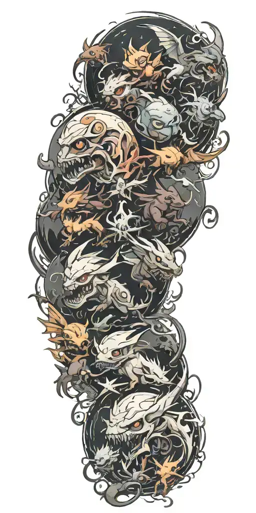 pokemon battling in the form of heaven and hell horror style tattoo design idea