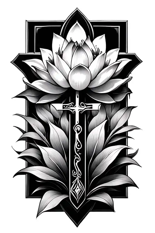 Christian Cross with Lotus Flower Motifs tattoo design idea