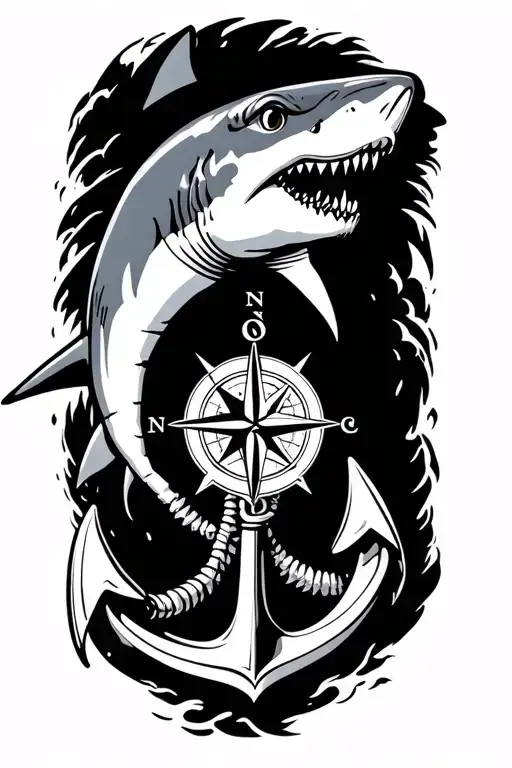 boat anchor and compass shark emerging tattoo design idea