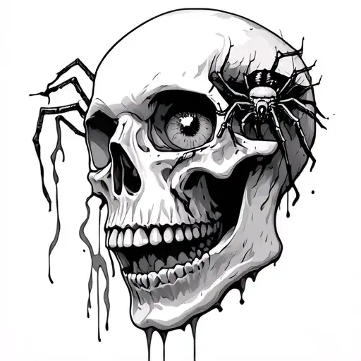 decaying skull with spider crawling out of eye tattoo design idea
