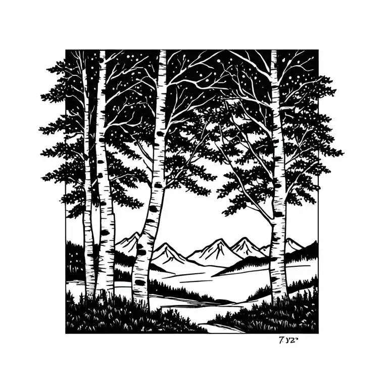 birch trees with mountains in the background tattoo design idea