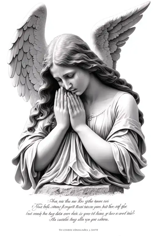 1600 angel women crying hands together, stone under her 3 scriptures written, 2 small angels each side praying crying tattoo design idea