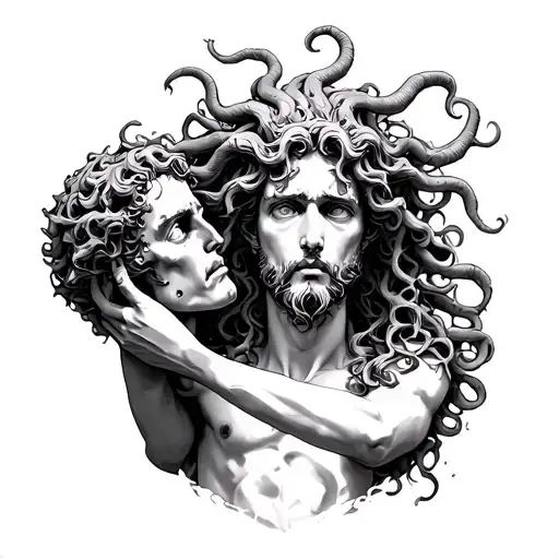 Medusa holding severed head of Poseidon tattoo design idea