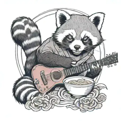A tattoo design of a red panda playing a guitar in a traditional Japanese garden, with Korean pop stars in the background and a steaming bowl of ramen noodles in the foreground tattoo design idea
