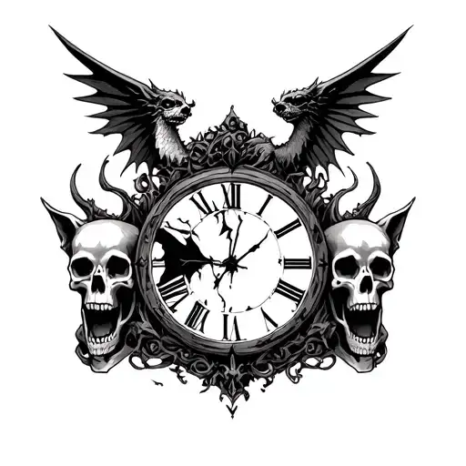 gargoyle, broken clock face surrounded by skulls, and two dog skulls  tattoo design idea