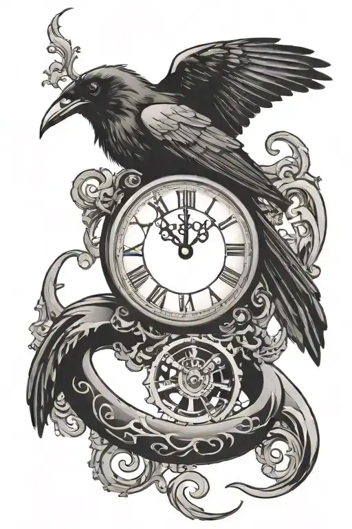 raven, clock, ampersand symbol tattoo design idea