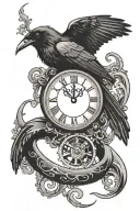 raven, clock, ampersand symbol tattoo design idea
