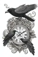 raven, clock, ampersand symbol tattoo design idea