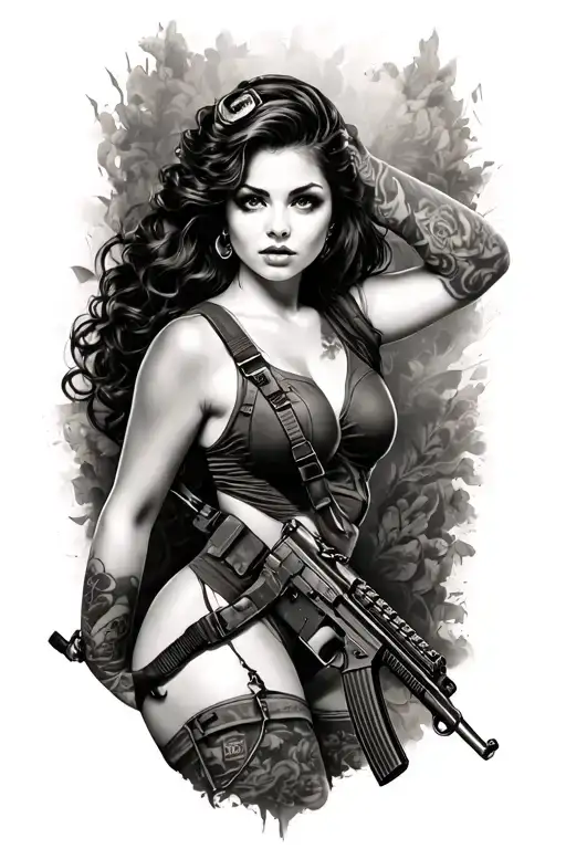 full body army pin up girl black and grey tattoo design idea