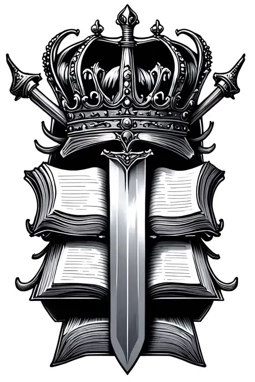 sword piercing a open book with a crown on the hilt of the sword tattoo design idea