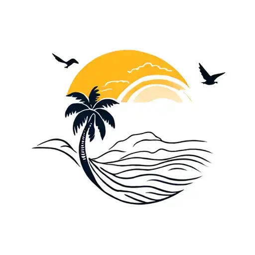 wave, sun, palm tree and bird flying overhead  tattoo design idea