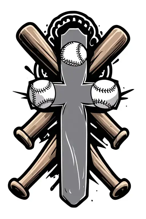 cross with baseball bats, baseballs, ASHEN, Mindy, and Abby, Hayden, Sadie, Emma tattoo design idea