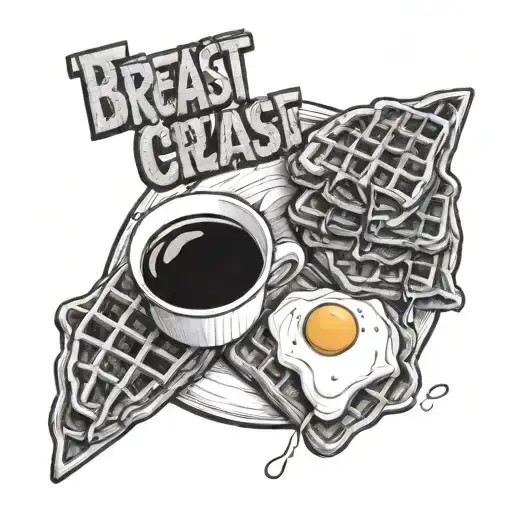 The words The Breakfast Club with waffles, sausage, and eggs behind the words and in black and white, realistic  tattoo design idea