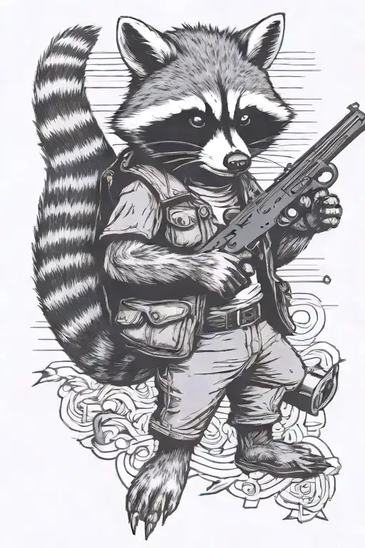 raccoon holding a gun with a middle finger with feral written under it tattoo design idea