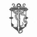 poster style black and negative space featuring simple text at the top with an anchor in a square  tattoo design idea