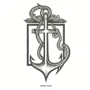 poster style black and negative space featuring simple text at the top with an anchor in a square  tattoo design idea