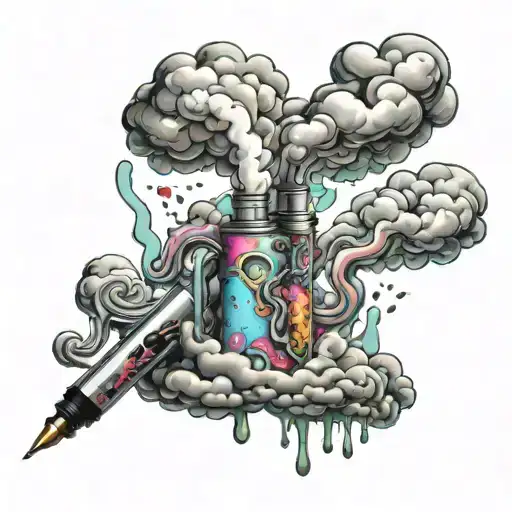 a vape pen with cloud of vapour of question marks. Some boiling tubes in front with heavy metals in colourful solutions tattoo design idea